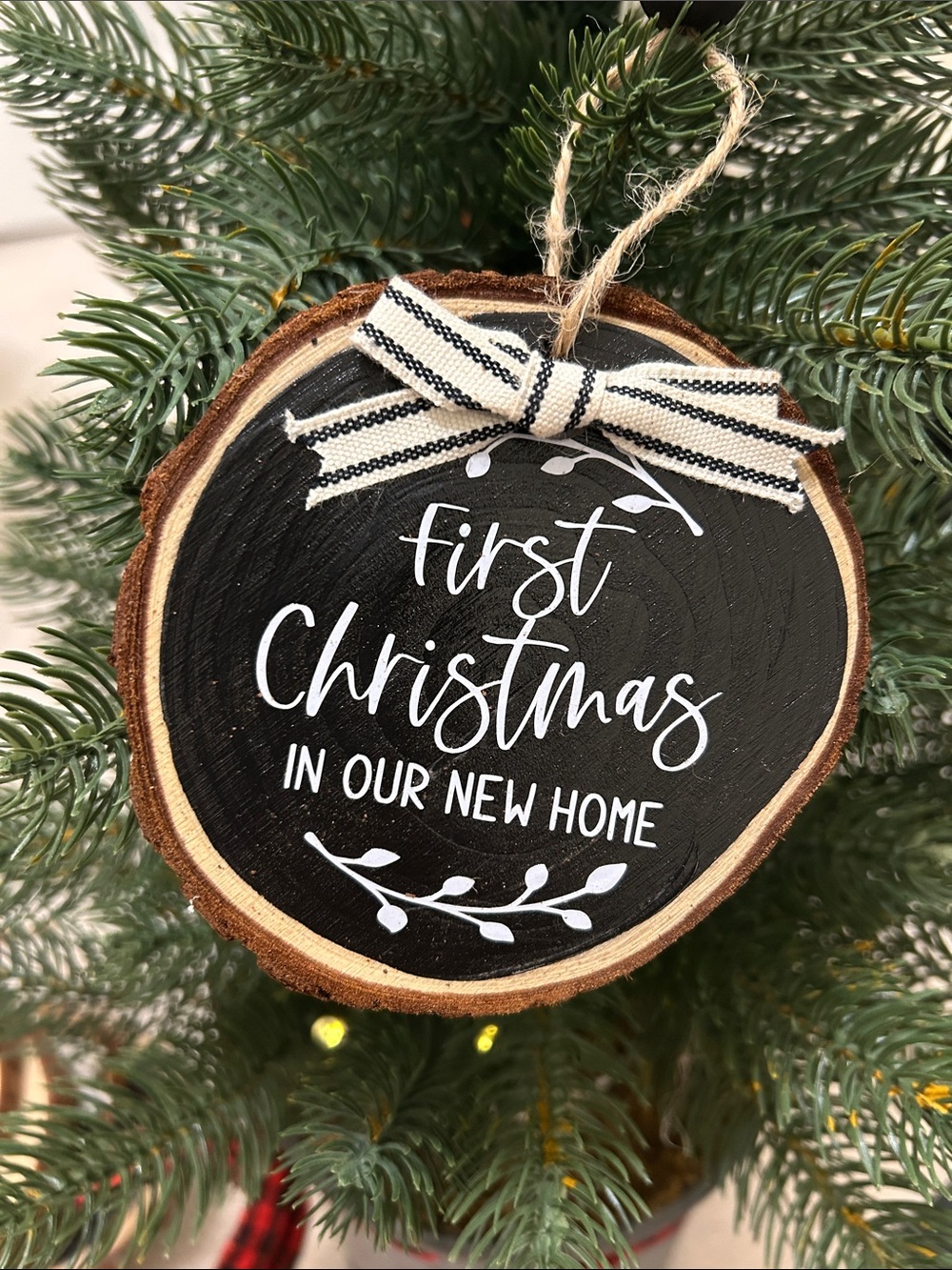 First Christmas in Our New Home Black Wood Slice Ornament